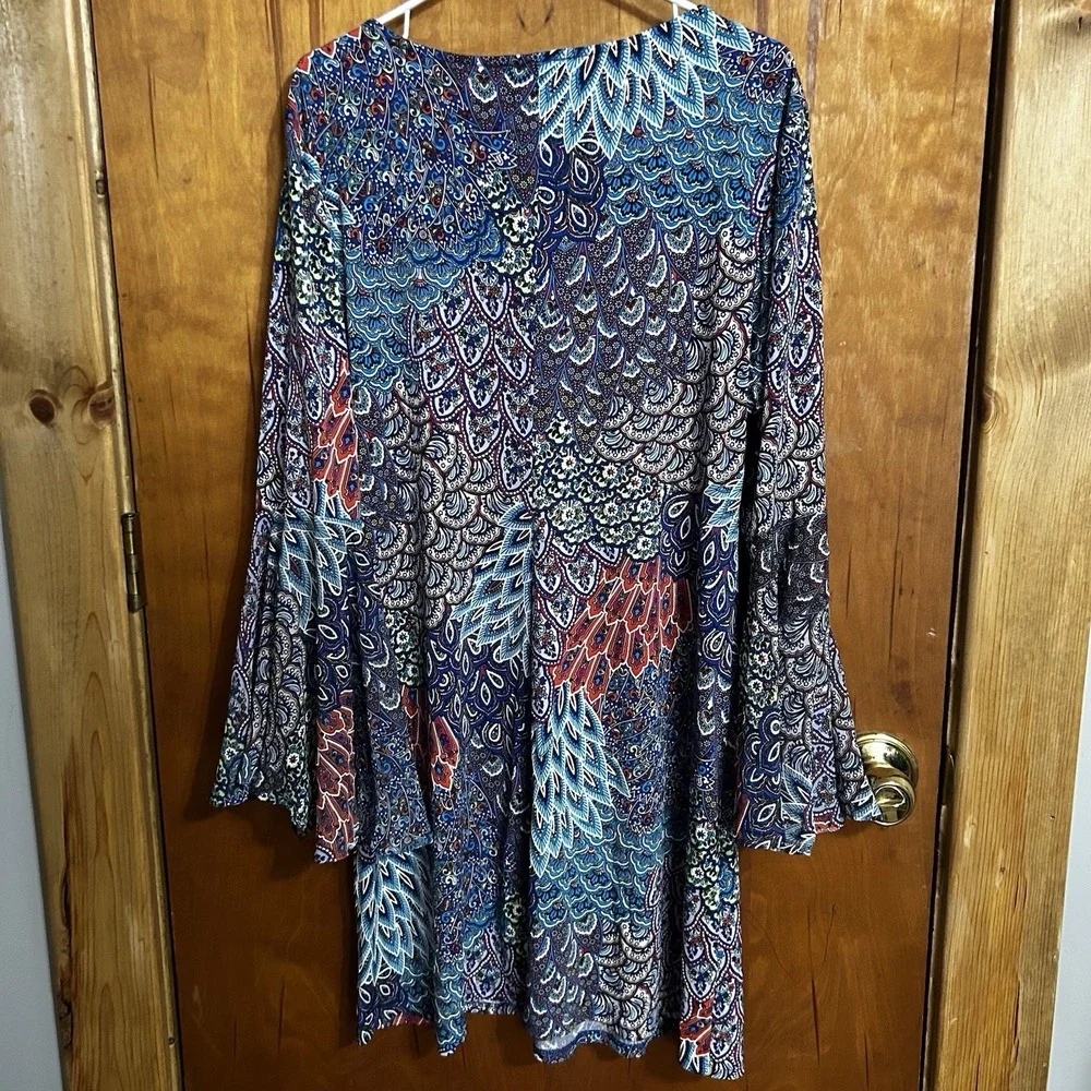 Dress Women's XL Multicolored Boho‎ Flowy Gypsy  Y2K Peacock Bell Sleeve NEW